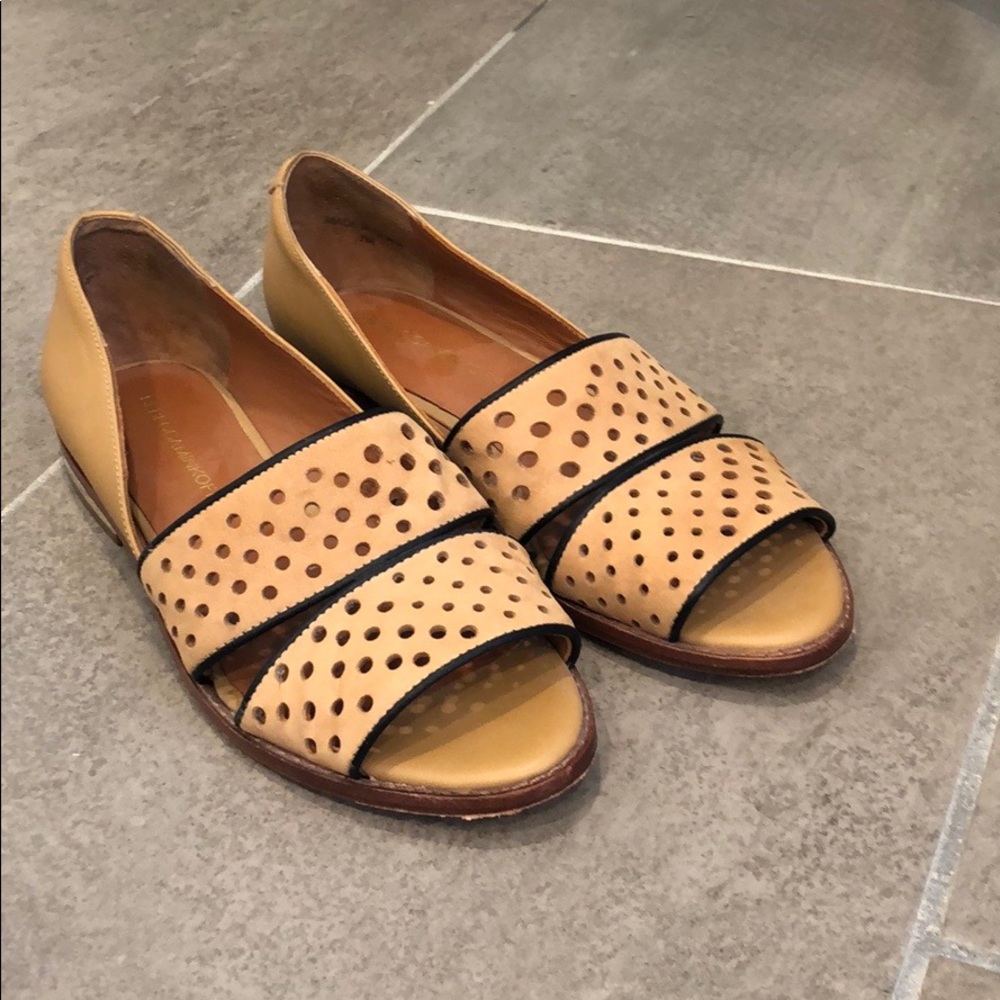 Tan sandals.